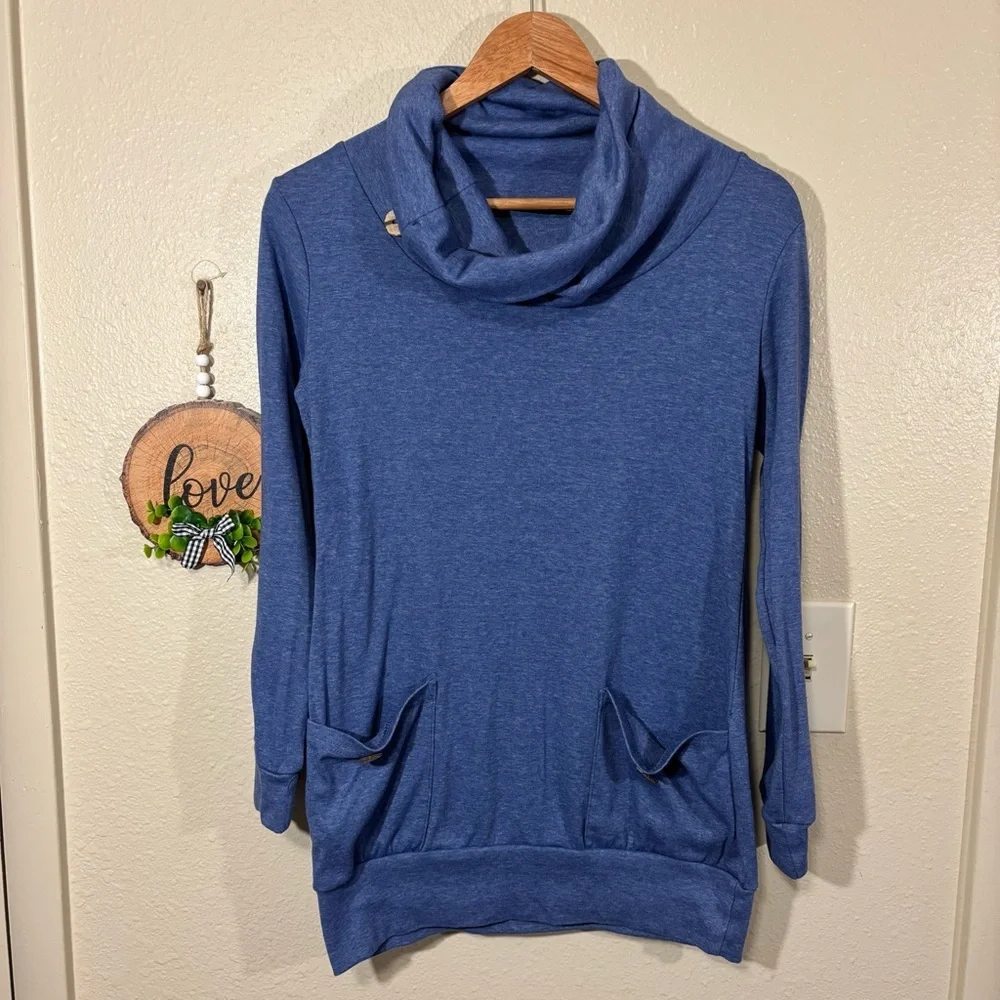 Blue Cowl Neck Sweater with Button Accents Size S
